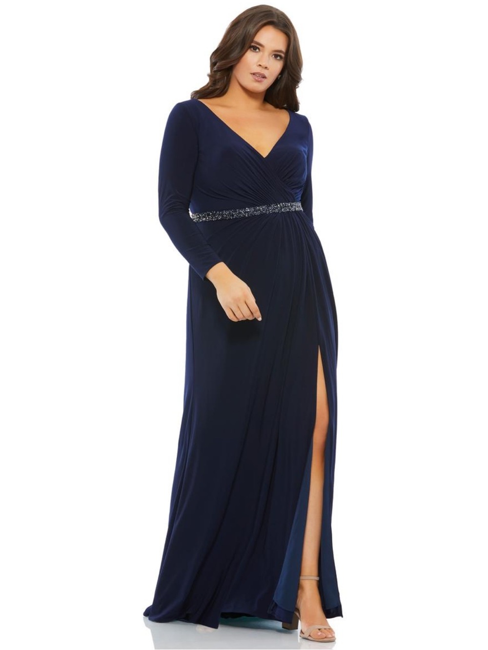 Mac Duggal Navy Long Sleeve Evening Gown with Beaded Waist size 14W